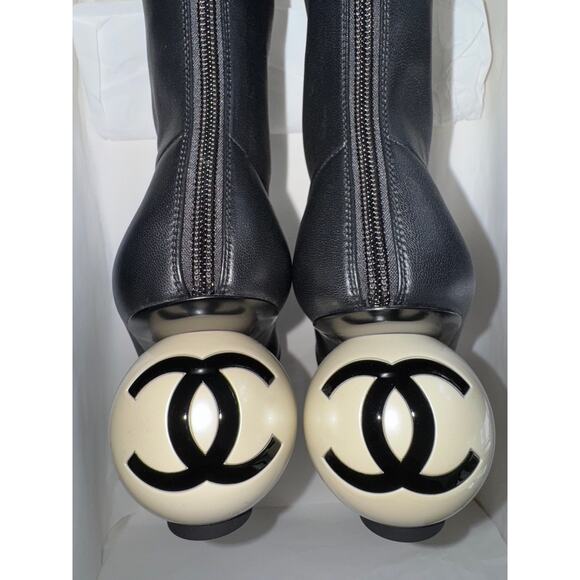 Chanel 25K Black White Pearl Ball Heel CC Logo Stretch Leather Mid Calf Boots 38 - Picture 14 of 16